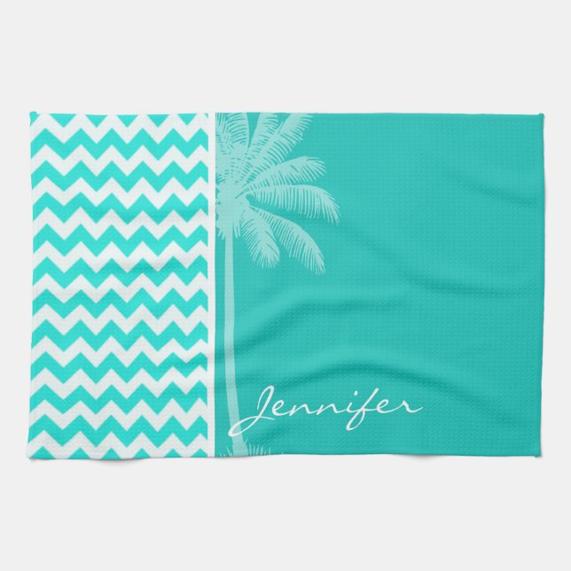 Tropical Palm; Aqua Color Chevron Towel (Horizontal)