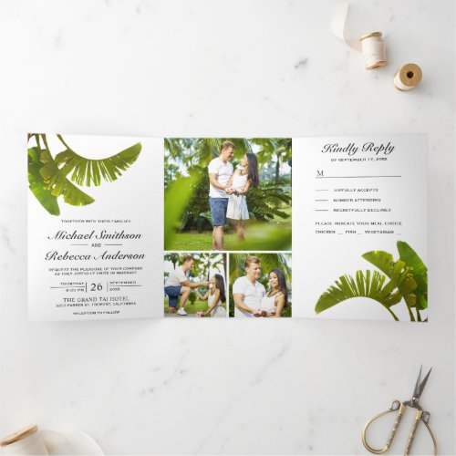 Tropical Palm Banana Leaves Foliage 3 in 1 Wedding Tri_Fold Invitation