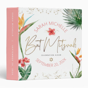 Tropical Palm Bat Mitzvah Gold Script Keepsake 3 Ring Binder