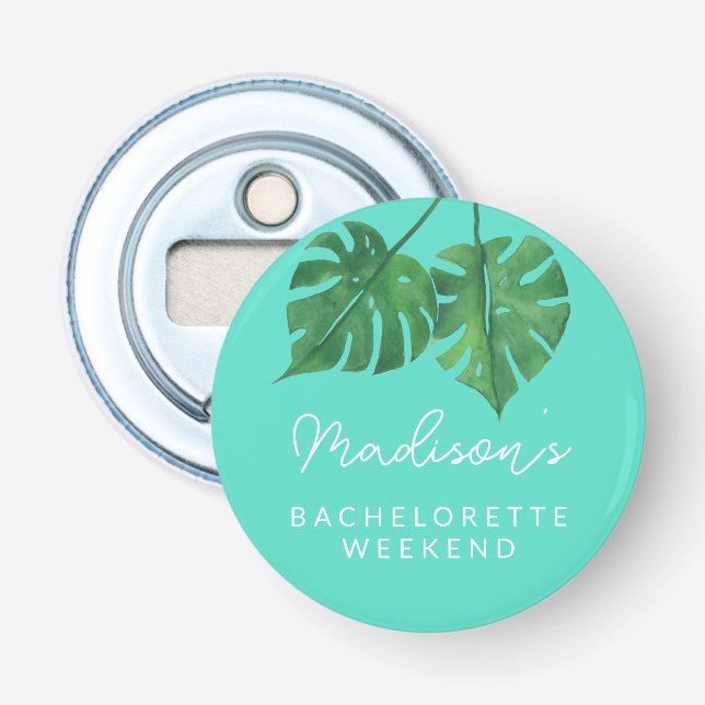 Tropical Palm Beach Bachelorette Teal Favor Bottle Opener (Front)