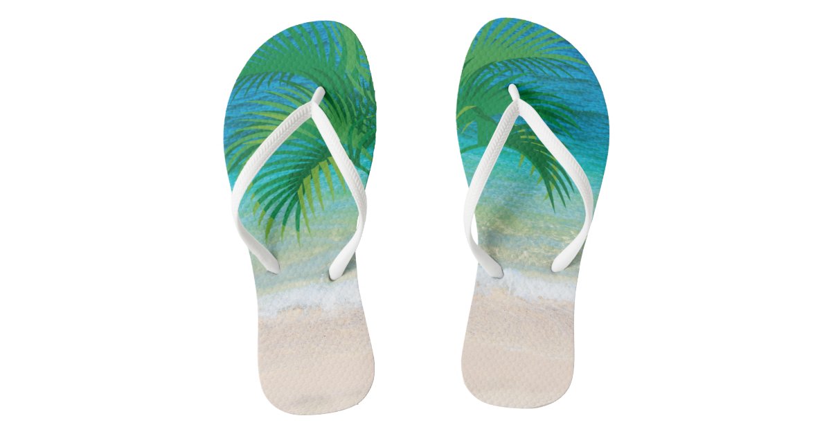 Tropical palm beach flip flops | Zazzle