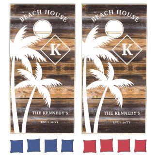 Tropical Palm Beach House Family Monogram Wood Cornhole Set