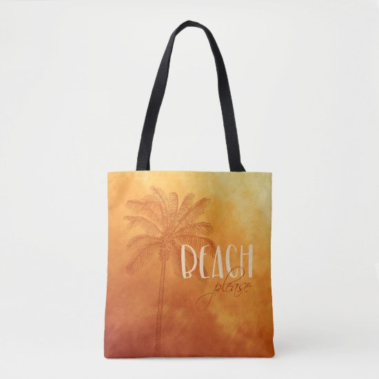 Tropical palm beach please sunset ombre typography tote bag