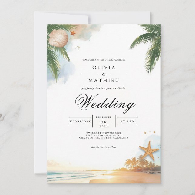 Tropical Palm Beach Romance Wedding Invitation (Front)
