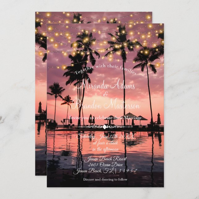 Tropical Palm Beach Summer Sunset Wedding Invitation (Front/Back)