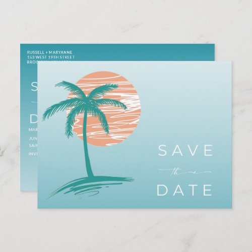 Tropical Palm Beach Wedding Budget Save the Date Announcement Postcard