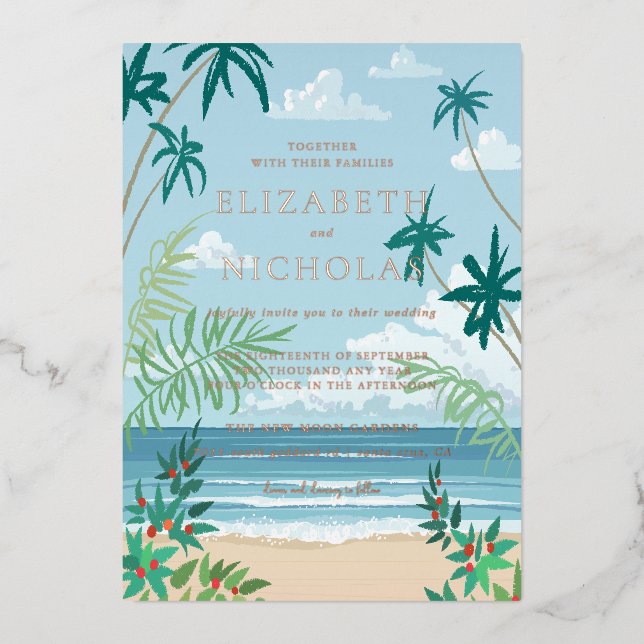 Tropical Palm Beach Wedding Foil Invitation (Front)