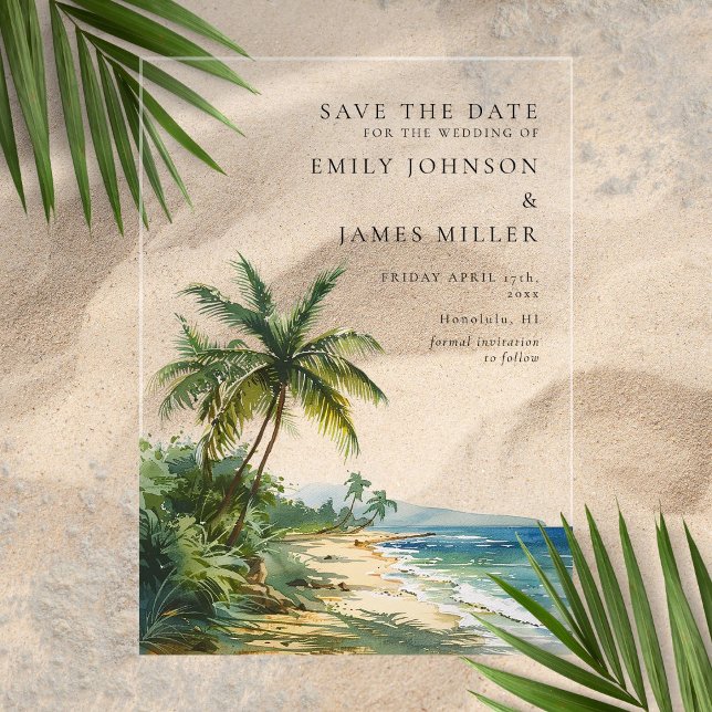 Tropical Palm Beach Wedding Save The Date (Tropical Palm Beach Wedding Save The Date Acrylic Invitations)