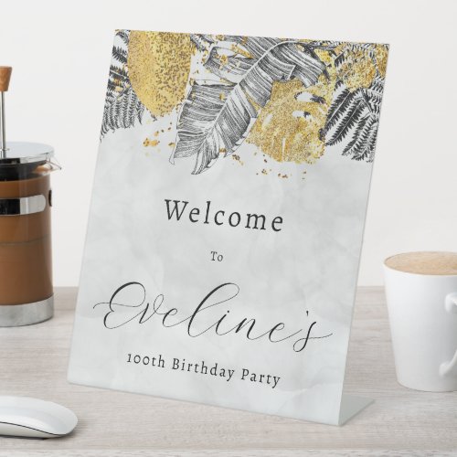 Tropical Palm Black Gold 100th Birthday Welcome Pedestal Sign
