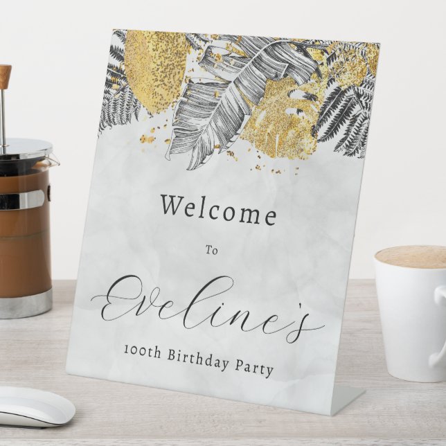 Tropical Palm Black Gold 100th Birthday Welcome Pedestal Sign (In SItu)
