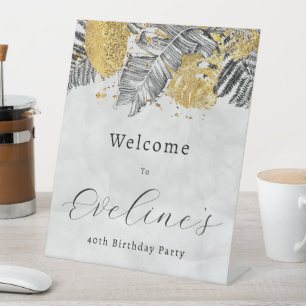 Tropical Palm Black Gold 40th Birthday Welcome Pedestal Sign