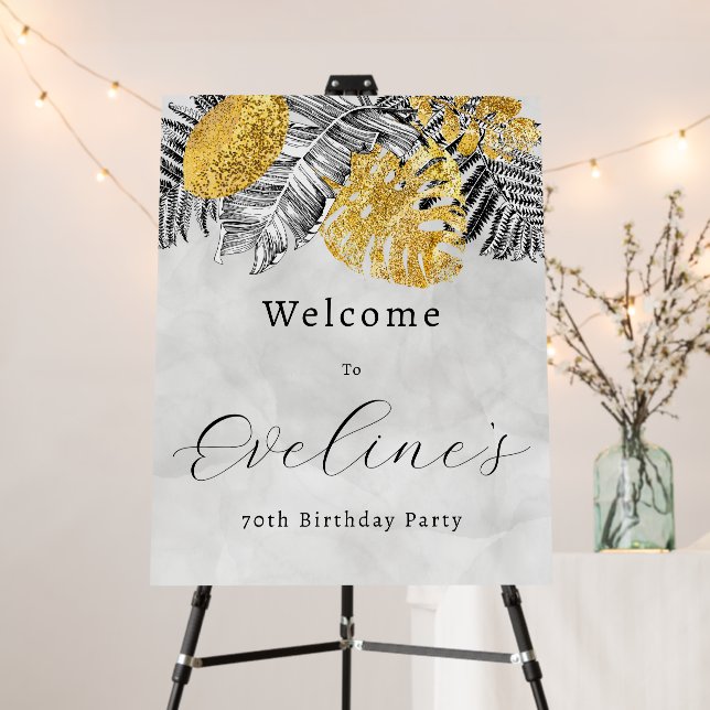 Tropical Palm Black Gold 70th Birthday Welcome Foam Board (In Situ (Stand))