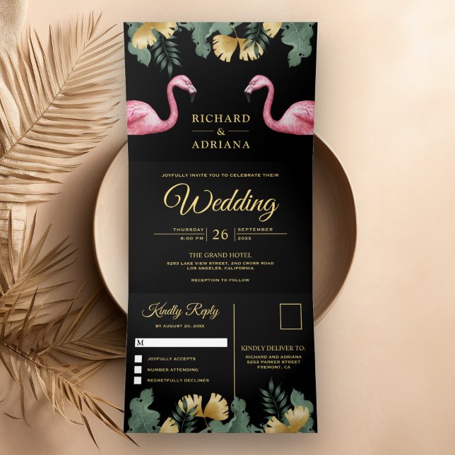 Tropical Palm Black Gold Flamingo Couple Wedding Tri-Fold Invitation (Creator Uploaded)