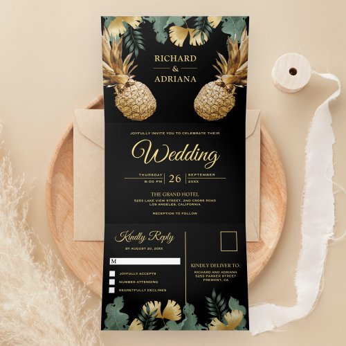 Tropical Palm Black Gold Pineapple Wedding Tri_Fold Invitation