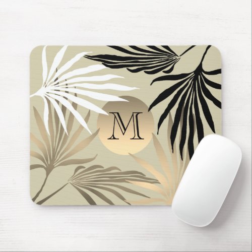 Tropical Palm Black White and Gold Initial Mouse Pad
