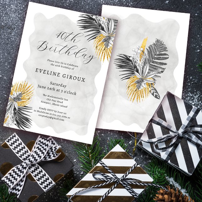 Tropical Palm Black White Gold 40th Birthday Invitation (Need matching tropical palm party supplies? Message me!)