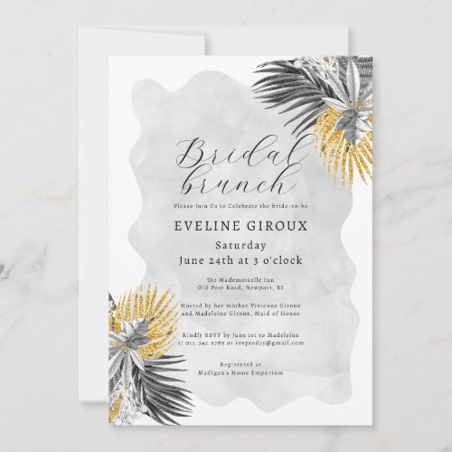 Tropical Palm Black White Gold Bridal Brunch Invitation