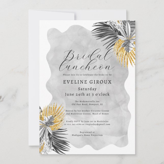 Tropical Palm Black White Gold Bridal Luncheon Invitation (Front)