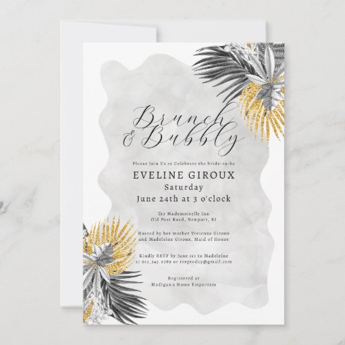 Tropical Palm Black White Gold Brunch Bubbly Invitation