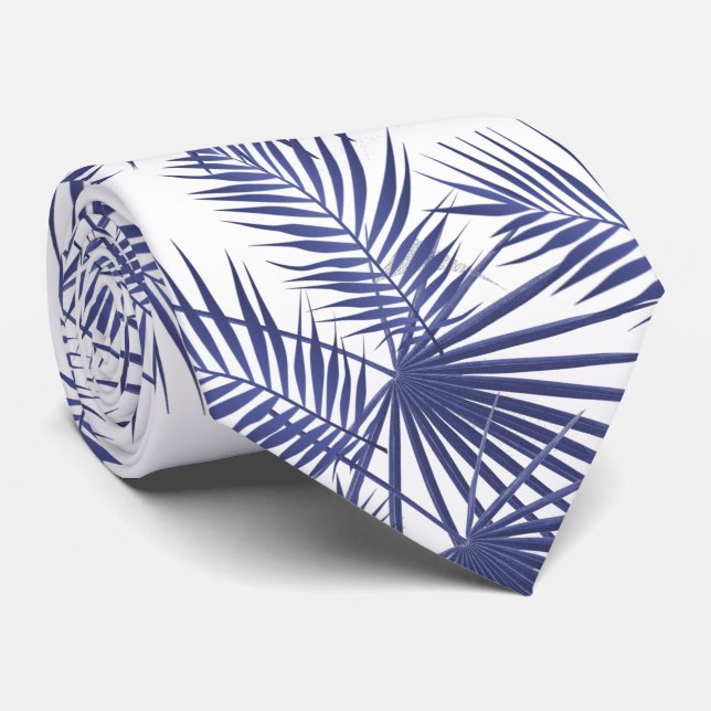 Tropical palm blue leaves neck tie (Rolled)