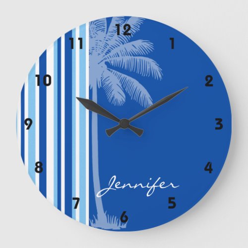 Tropical Palm Blue  White Stripes Large Clock