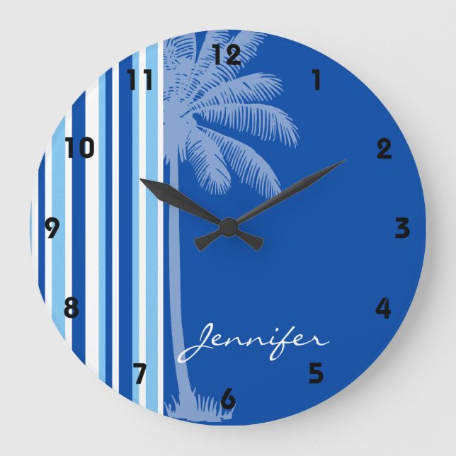 Tropical Palm; Blue & White Stripes Large Clock (Front)