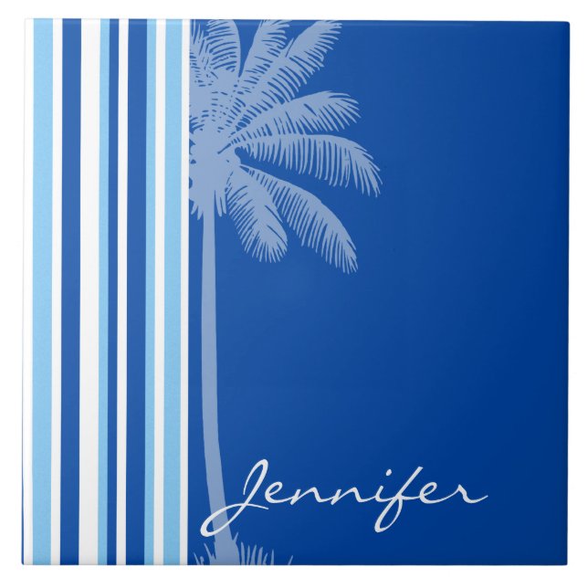 Tropical Palm; Blue & White Stripes Tile (Front)