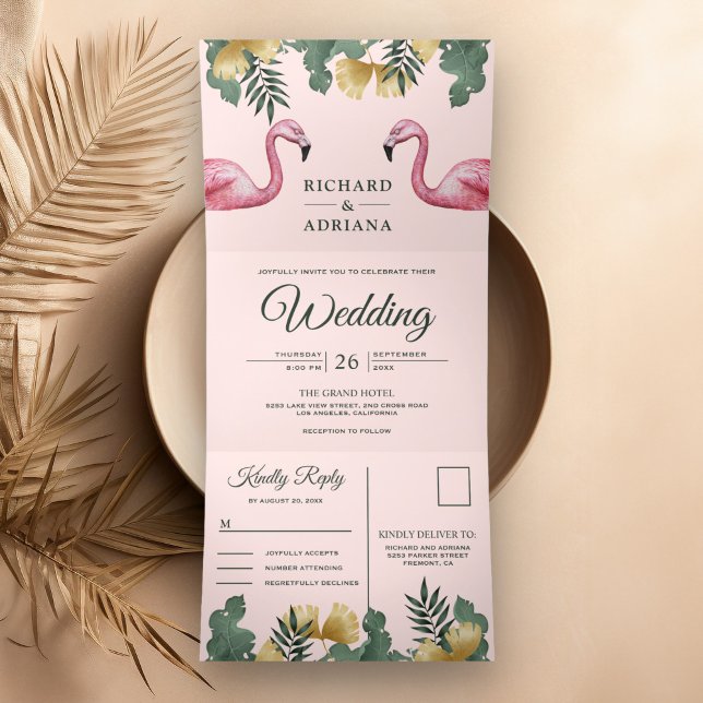 Tropical Palm Blush Pink Flamingo Couple Wedding Tri-Fold Invitation (Creator Uploaded)