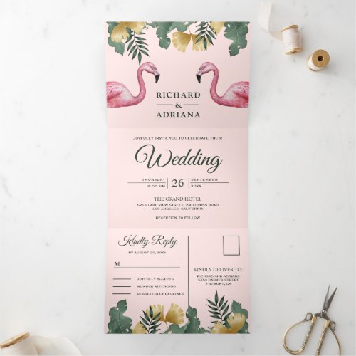 Tropical Palm Blush Pink Flamingo Couple Wedding Tri_Fold Invitation