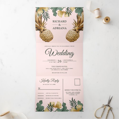 Tropical Palm Blush Pink Gold Pineapple Wedding Tri_Fold Invitation