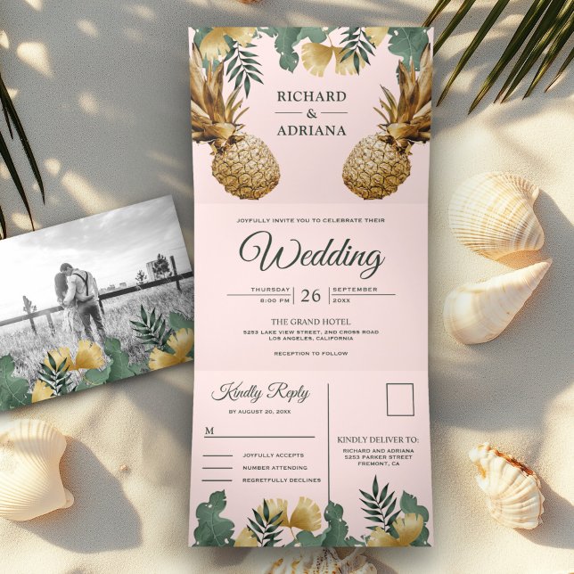 Tropical Palm Blush Pink Gold Pineapple Wedding Tri-Fold Invitation (Creator Uploaded)
