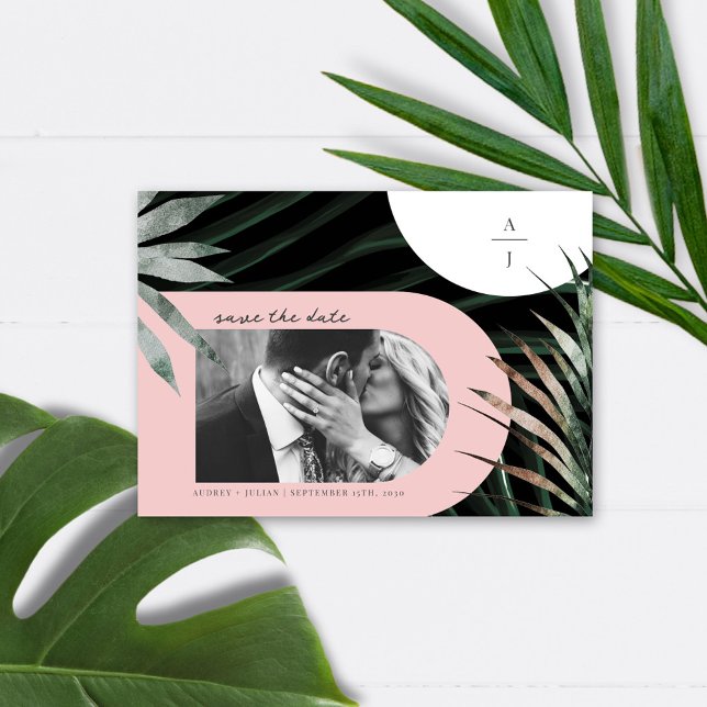 Tropical Palm Blush Pink Monogram Save The Date (Creator Uploaded)