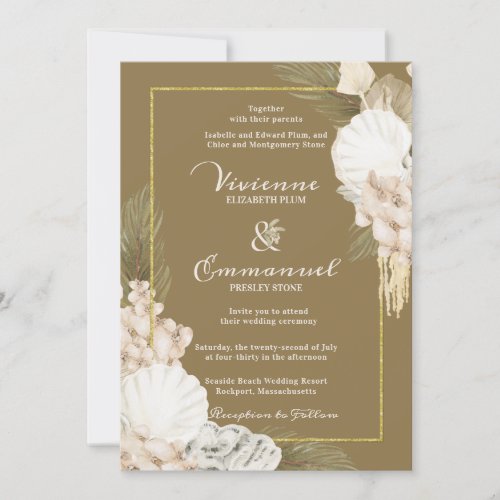 Tropical Palm Boho White Floral Wedding Invitation