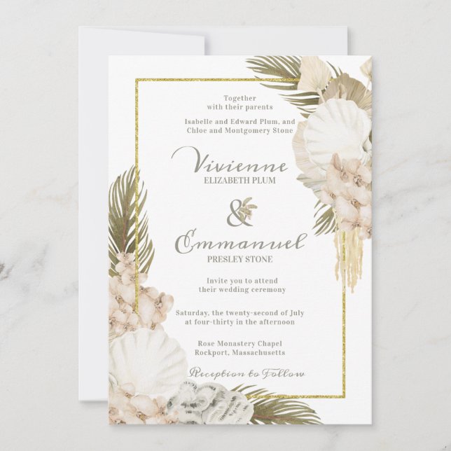 Tropical Palm Boho White Floral Wedding Invitation (Front)