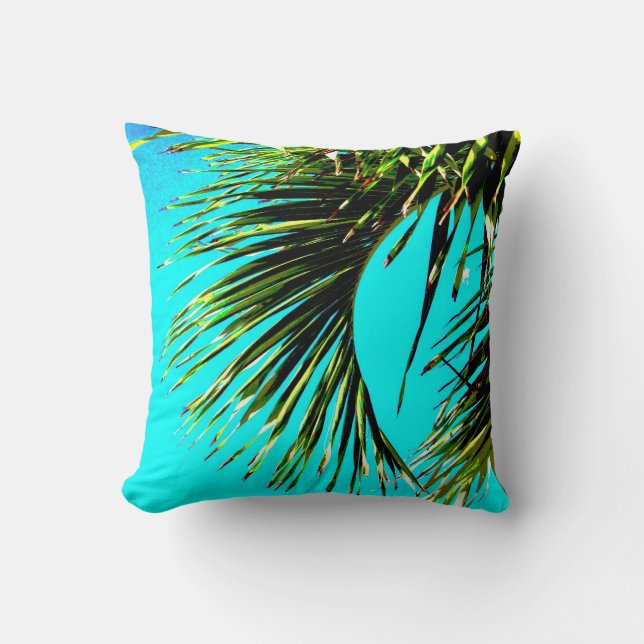 tropical palm bold and bright green and turquoise throw pillow (Front)