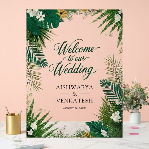 Tropical Palm Botanical Fern Wedding Welcome Acrylic Sign