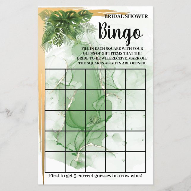 Tropical Palm Bridal Shower Bingo Game Card Flyer (Front)