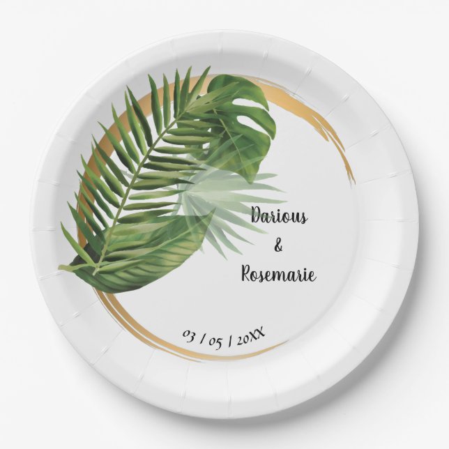 Tropical Palm Bridal Wedding Reception Paper Plates (Front)
