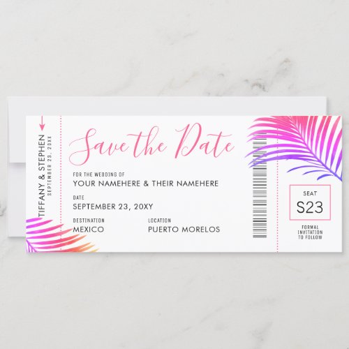 Tropical Palm Bright Boarding Pass Save Date Card