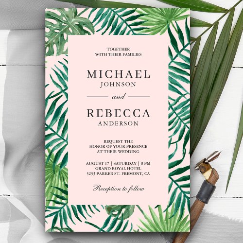 Tropical Palm Budget Blush Pink Wedding Invitation