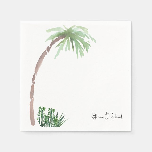 Tropical Palm Cactus Wedding Script Names Cocktail Napkins (Front)