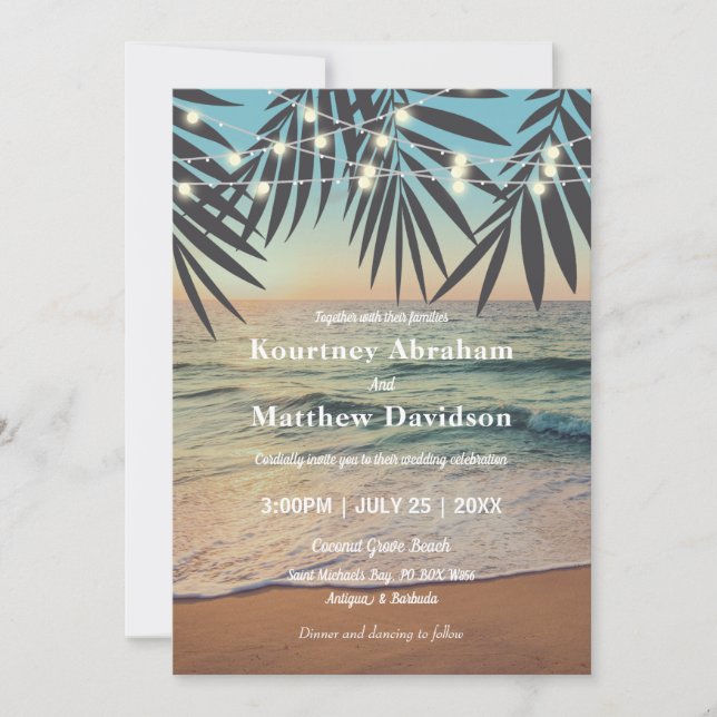 Tropical Palm Custom Wedding Beach String Lights Invitation (Front)