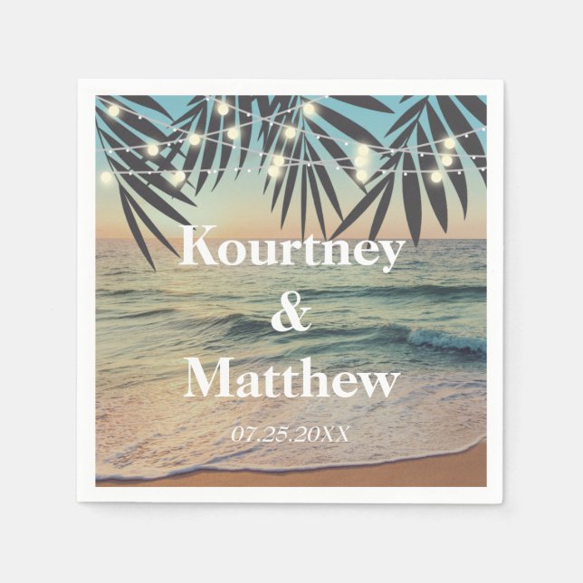 Tropical Palm Custom Wedding Beach String Lights Napkins (Front)