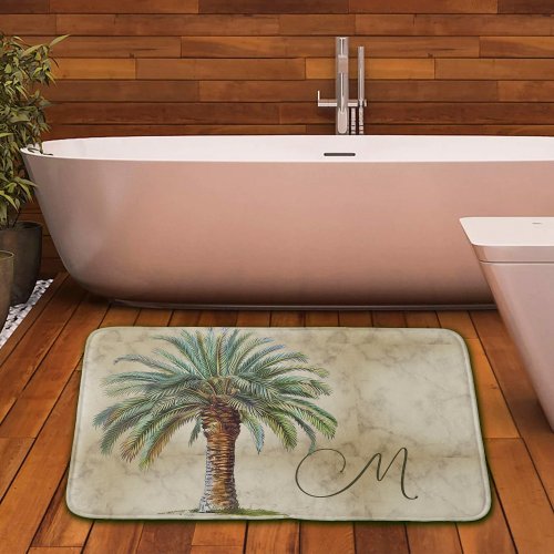 Tropical  Palm Date Tree Vintage Monogram Bath Mat