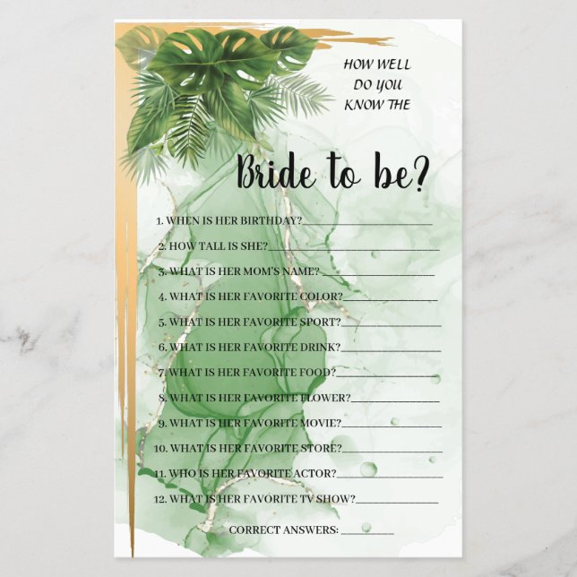 Tropical Palm Do you know the Bride Shower Game Flyer (Front)