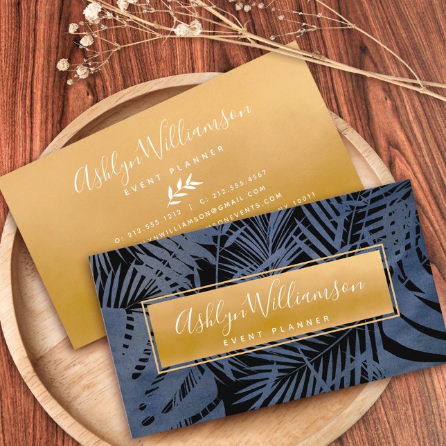 Tropical palm elegant navy gold script typography business card (Creator Uploaded)
