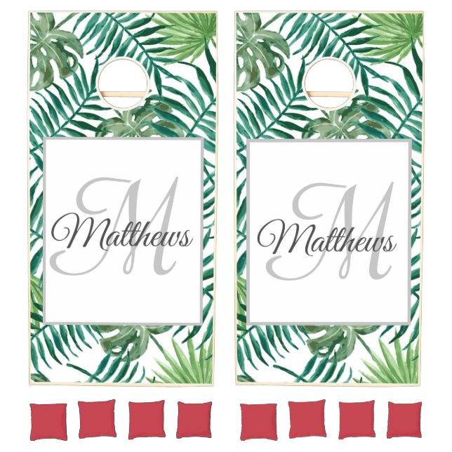 Tropical Palm Family Beach House Monogrammed Cornhole Set (Set)