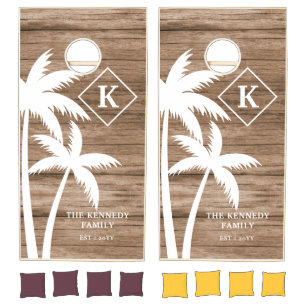 Tropical Palm Family Beach House Monogrammed Wood Cornhole Set