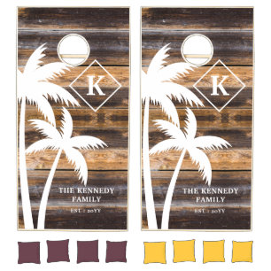 Tropical Palm Family Beach House Wood  Monogrammed Cornhole Set