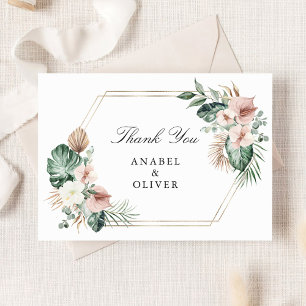 Tropical Palm Floral Blush Geometric Gold Wedding Thank You Card